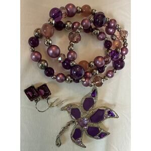 Purple Rhinestone Jewelry Set Bracelets, Brooch & Dangle Earrings Silver-Tone